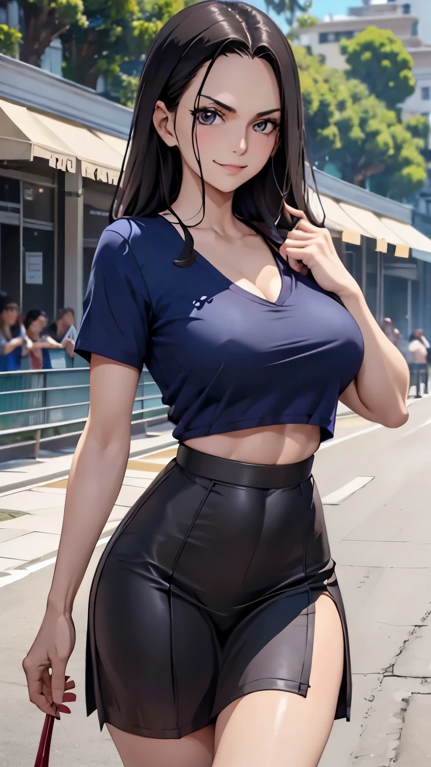 girl, Nico Robin, one piece, G-string、Very cute face、Large V-neck、Large Breasts , Big Ass , debt/16, 85mm, masterpiece, Anatomically correct, Super Detail, Attention to detail, high quality, 最high quality, High resolution, 4K、Natural smile、Model Pose、Cute pose、Monte Carlo Street Circuit, Racing Car, Racing Bike, Promotion Girl, Grid Girls, The promotional costumes are exquisitely tailored., paying meticulous attention to detail, Lace-up boots, Short sleeve, Cropped tops, Tube top bra, Knee-length, Exposing shoulders, Knee-lengthグリッターナイロンプリーツスカート, Asymmetrical medium size nylon pleated skirt, Promotional wear with logo, Red and white glitter promotional wear、smile, Wink, Happy expression、Shallow depth of field