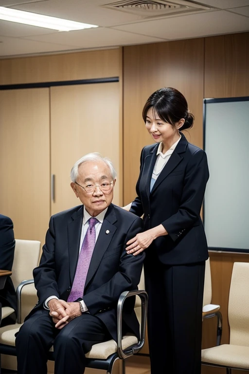 An insurance consultant wearing a suit in a conference room、An elderly Asian couple is sitting and giving an explanation。An old Asian man and woman both look impressed、Bright room。Make it so that everyone's faces are in the frame.。Asian old man and old woman sit next to each other、The insurance consultants in suits are sitting across the table from each other.。Everyone looks like they're having fun