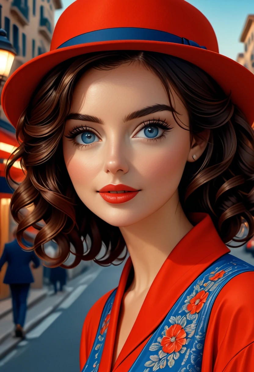 (best quality,4k,8k,highres,masterpiece:1.2),ultra-detailed,(realistic,photorealistic,photo-realistic:1.37),wes anderson style photo,35mm film,girl dressed in red with blue shoes and hat,golden light,serene faces,distinctive noses,cityscape photographer,curly hair,young. cleavage, Idina Menzel