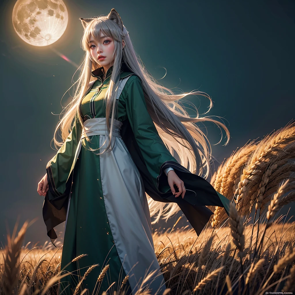 a girl (30years) with beautiful detailed green eyes and long silver hair, dressed as Holo, the wise wolf from Spice and Wolf, Standing in a burning wheat field under a bloody moon. The girl's lips are painted with a deep red color, adding an attractive touch to her face. His outfit is meticulously crafted, with intricate details that mimic the character's original design. The wheat field is in intense flames, casting a warm, vibrant glow. The moon in the sky looks big and red, creating a spooky and mysterious atmosphere. The artwork is of the best quality, with 8K resolution, showing every intricate detail and texture. Physically based rendering brings the scene to life, creating a highly realistic and immersive experience.