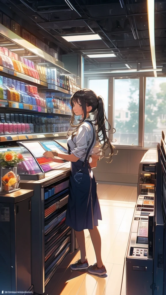 young woman,Facing forward,smile,((Standing inside the cash register)),Touching the cash register machine,Customer Service,((There is a cash register on the table)),(Scanning product barcodes at the cash register)),Supermarket clerk,Wearing an apron,((Working as a cashier)),((Cashier)),((cashier,register,)),((Receive money from customers)),There are products on the shelves,In the supermarket,Bright interior