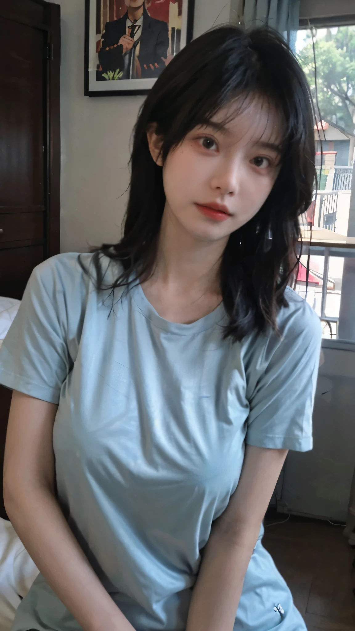 Best quality,masterpiece,Ultra-high resolution,(Photo Realism:1.4),Girl,Sexy,cute,(T-Shirt:1.2),(Big breasts:1.3),(whole body:1.4)