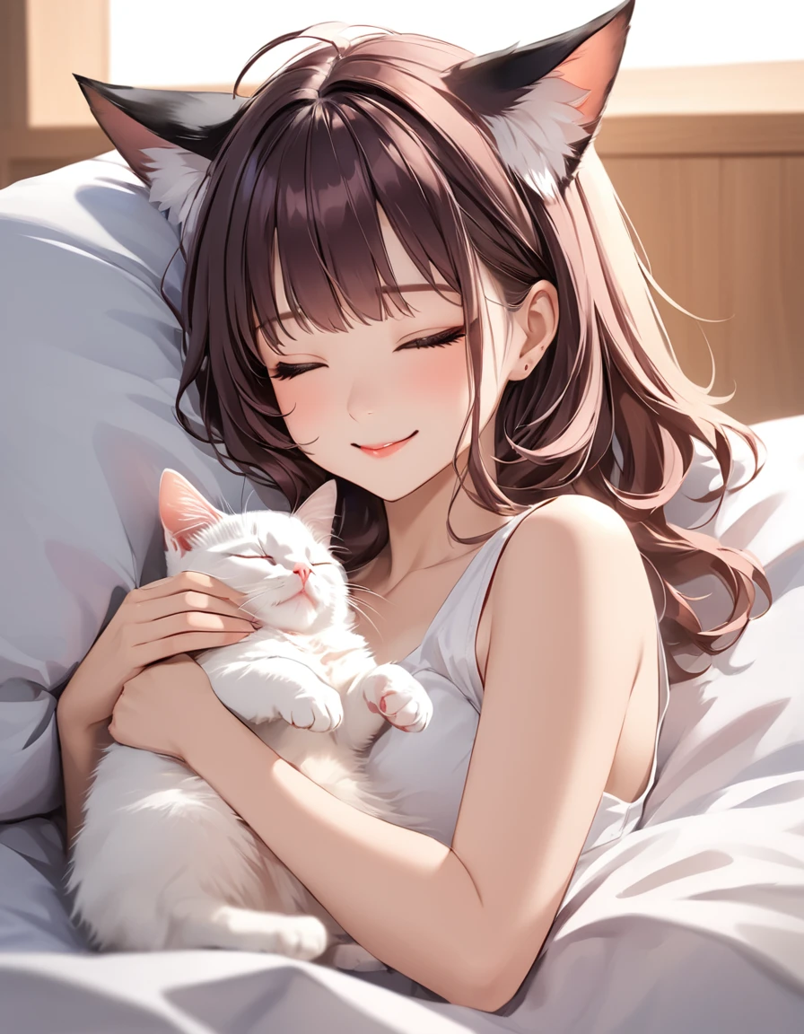 masterpiece, Highest quality,A girl about to stroke a kitten,Mischievous smile,kitten sleeping happily,puppy sleeping happily,A puppy and a kitten are sleeping around the girl
