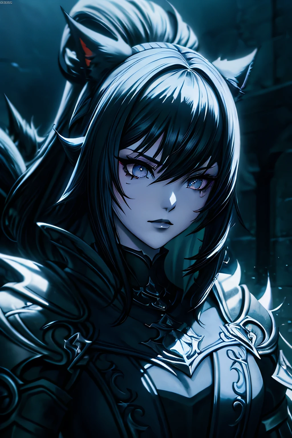 A young woman with black spiky hair, long black cat ears,extremely detailed face,pale skin,white iris,round pupils,beautiful detailed eyes,beautiful detailed lips, faint black lipstick,final fantasy 14 style,FemmeMiq,DRK_Glam,masterpiece,photorealistic,film grain,dark lighting,moody atmosphere,dramatic chiaroscuro lighting,cinematic,digital painting