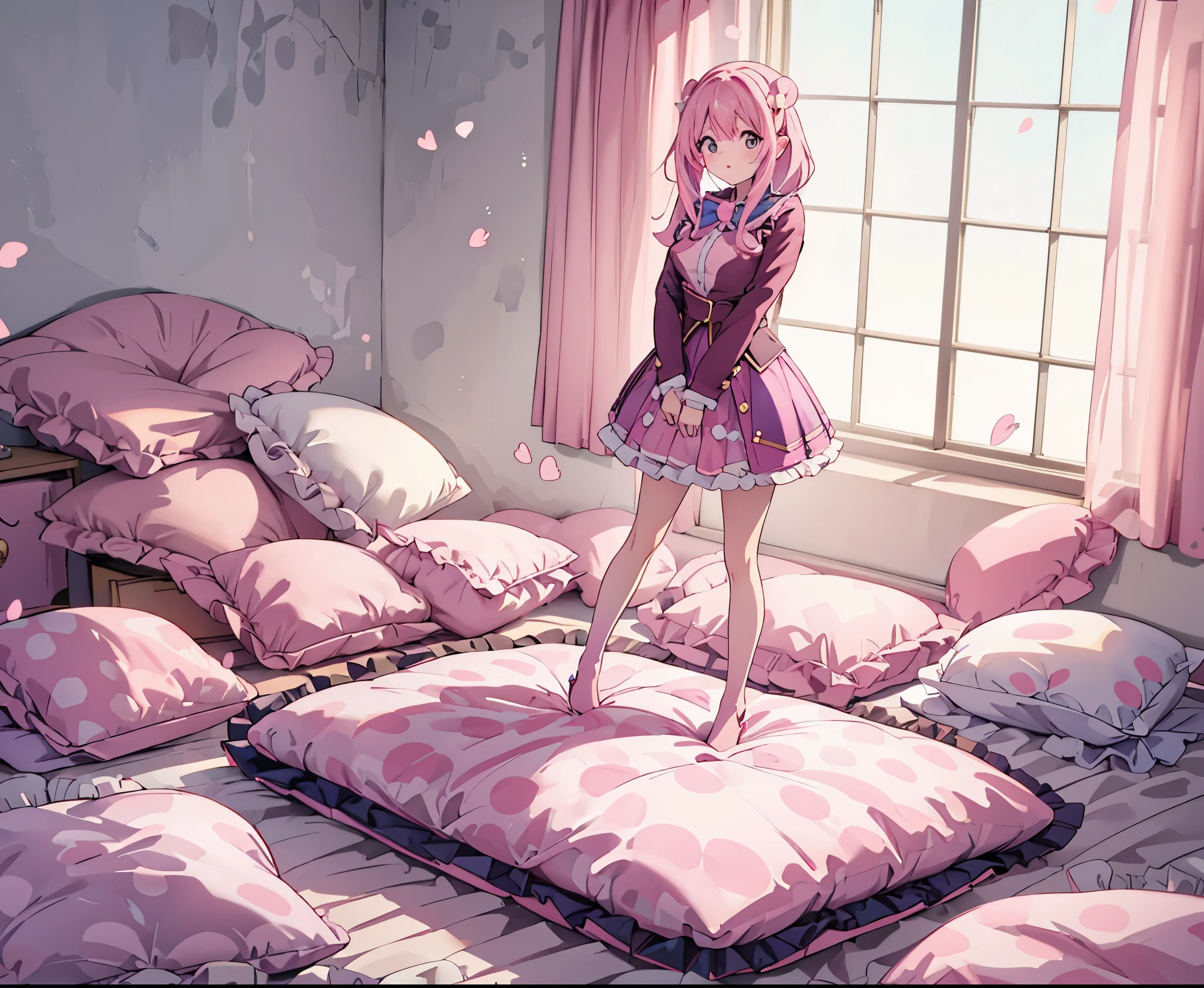 （best quality， masterpiece），full body, 1 girl, solo, mine ,nsfw, details, (Light and shadow oxtail , Cute girl posing on pillow ，standing on pillow，，（pillow), large pillow, (((colorful))), color correction, pink hair, frilled pillow,pink pillow, (((pink polkadot pillow))), (((blue uniform))), (((white skirt))), stocking, brown shoes, hugging pillow, 1 pillow