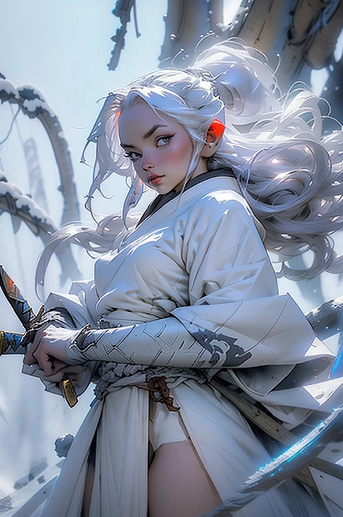 DnD Character Art, Female White Rabbit Folk Monk, Wielding a katana sword, Wearing a winter pattern kimono with white fluffy details, Winter Theme, Icewind Dale, Expressive, Dynamic Pose, Heavy snowy background
