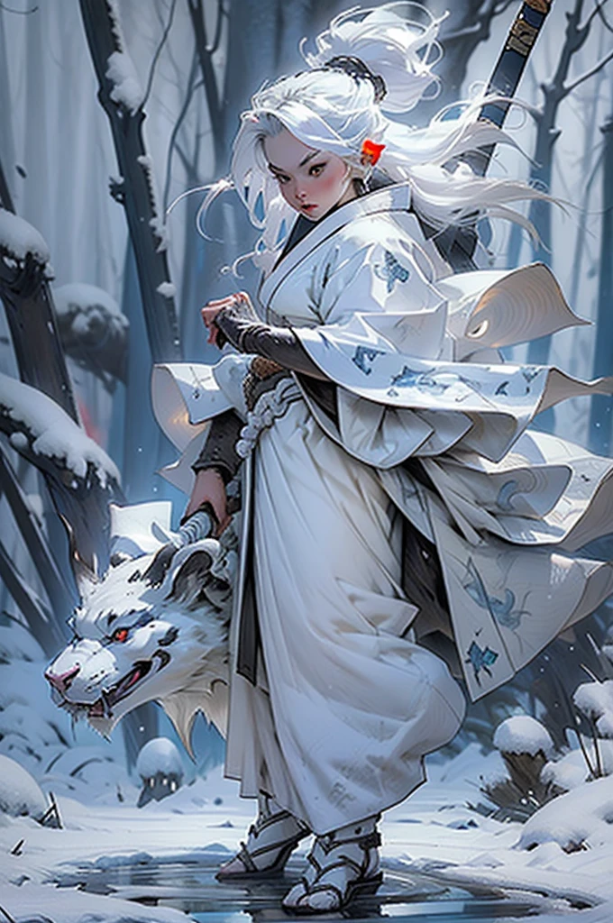 DnD Character Art, Female White Rabbit Folk Monk, Wielding a katana sword, Wearing a winter pattern kimono with white fluffy details, Winter Theme, Icewind Dale, Expressive, Dynamic Pose, Heavy snowy background