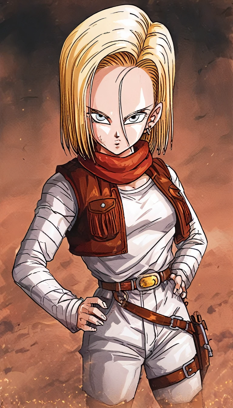 Android18,looking at viewer,the background is dark and full of fire and rubble—like the attack on marley,give your heart,jacket,paradis military uniform,belt,emblem,scarf, belt, Thigh straps, White pants, White shirt, standing, Cowboy Shot,Stereoscopic control device，Attack on Titan