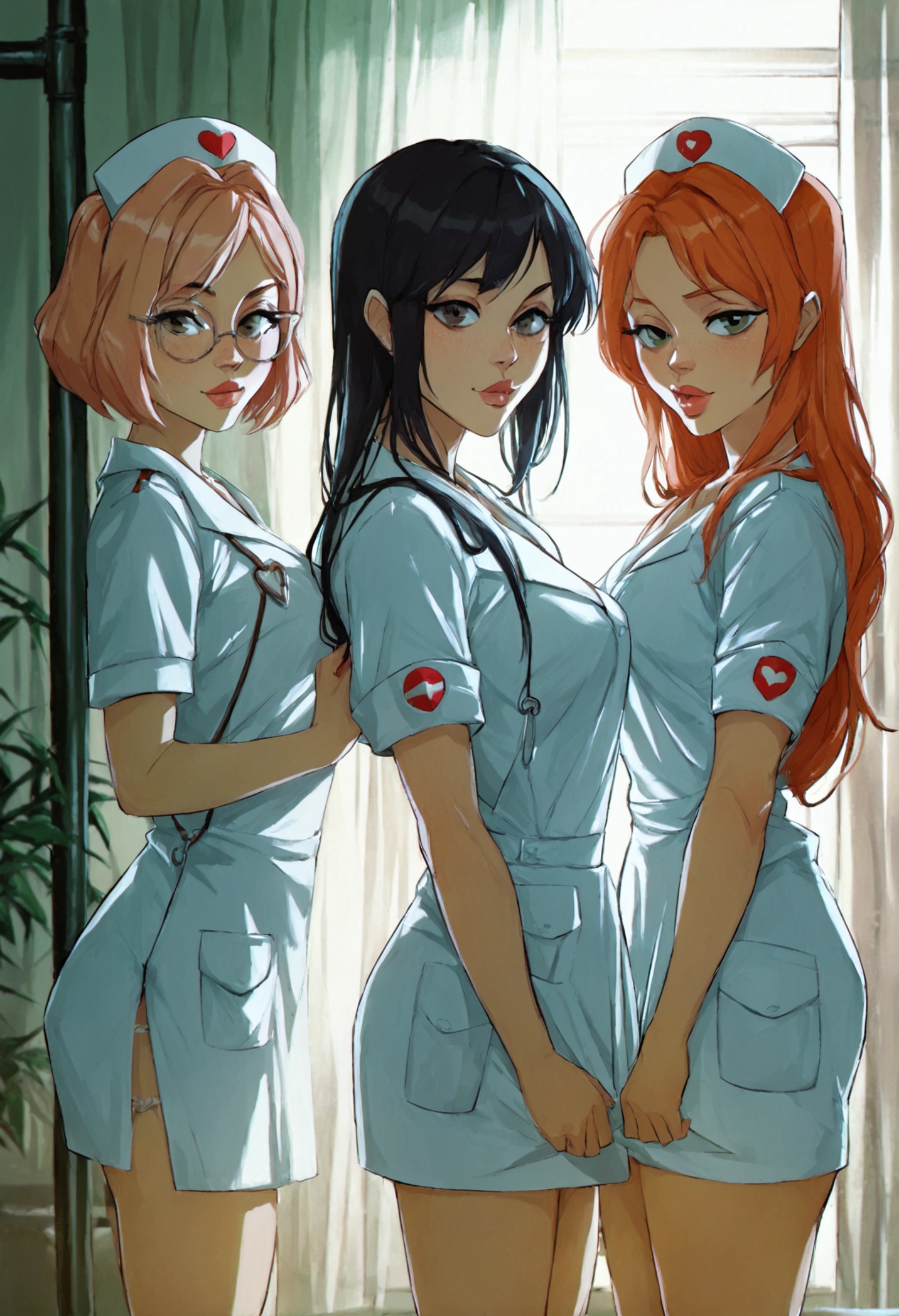 group, harem, three girls, score_9,score_8_up,score_7_up, score_6_up, score_5_up, source_anime, bubblehead nurse, silent hill nurse, naked full body, standing 