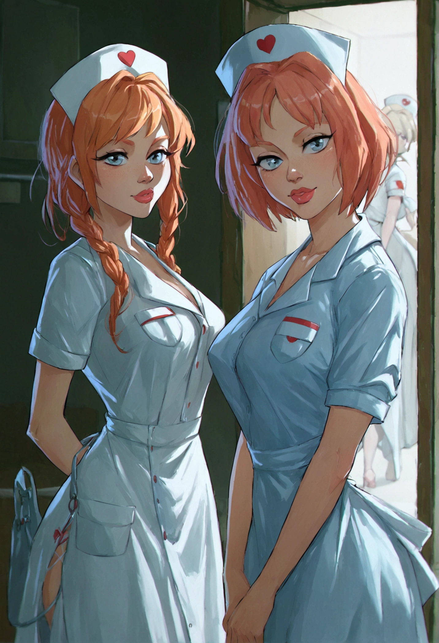 group, harem, three girls, score_9,score_8_up,score_7_up, score_6_up, score_5_up, source_anime, bubblehead nurse, silent hill nurse, naked full body, standing 