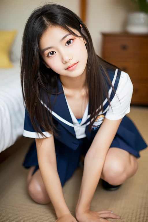 lens: 135mm f1.8,(Highest quality), (Cute 14 year old Japanese girl), (Moisturized lips), Narrow eyes, double eyelid,Delicate clavicle,Flat Chest,Black Hair、Mr...々Hairstyle、,
(Let me me me me'Let me me me'Let me me'Let me'Let's take another look), shame, Open your mouth a little,
(Stylish rooms:1.2), Professional Lighting,
(school uniform), (Sunburned skin:0.2),Full body photo、Full Body Focus、Natural skin texture、She is kneeling on the floor