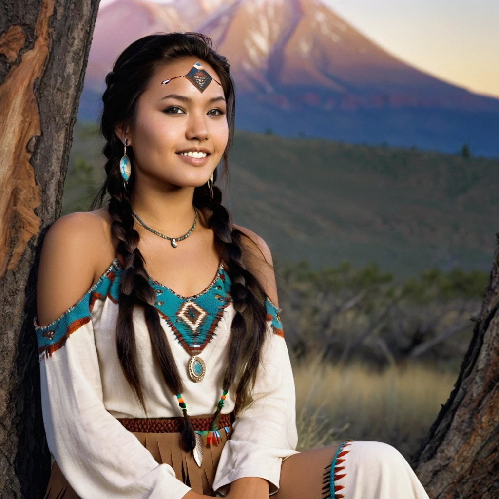 (grainy:0.5), cinematic, beautiful girls 25 year old native american,fantasy,(solo:1.3), detailed eyes, detailed face, detailed native american sexy clothing, volumetric lighting, dusk, extremely detailed background, standing next to tree and mountain, smiling, half closed brown eyes, tilted head, from side, sitting next to her Mountain Lion