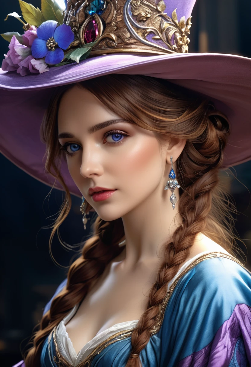 (best quality,4k,8k,highres,masterpiece:1.2),ultra-detailed,(realistic,photorealistic,photo-realistic:1.37), ((Dynamic bust of beautiful aristocratic maiden, Brown chestnut hair elegantly coiled, Wearing a huge blue hat, Purple clear eyes, The hair is covered with beautiful and delicate floral craftsmanship, Crystal jewelry filigree)), ((Heavy clothing, Very warm clothes)), highly detailed face and body, dramatic lighting, vibrant color, intricate, ethereal beauty, From Brian Froud and Carne Griffiths and Wadim Kashin and John William Waterhouse, 8K post-production, high resolution, hyperdetailed, depth of field, HDR, intricate