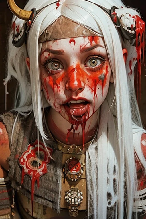 Portraiture, Sex-addicted cannibal woman, Sticking out tongue,(Many red tribal tattoos:1.2), (Blood drips down my white face:1.2), (Bloody Face:1.3), Strange Expressions