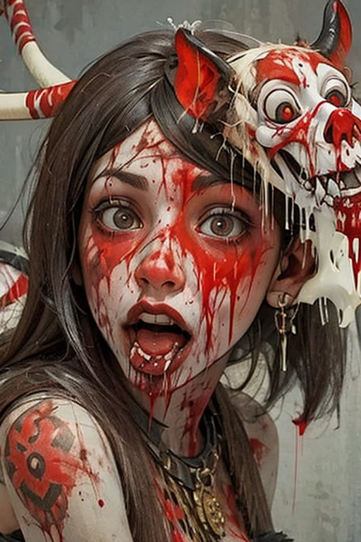 Portraiture, Sex-addicted cannibal woman, Sticking out tongue,(Many red tribal tattoos:1.2), (Blood drips down my white face:1.2), (Bloody Face:1.3), Strange Expressions
