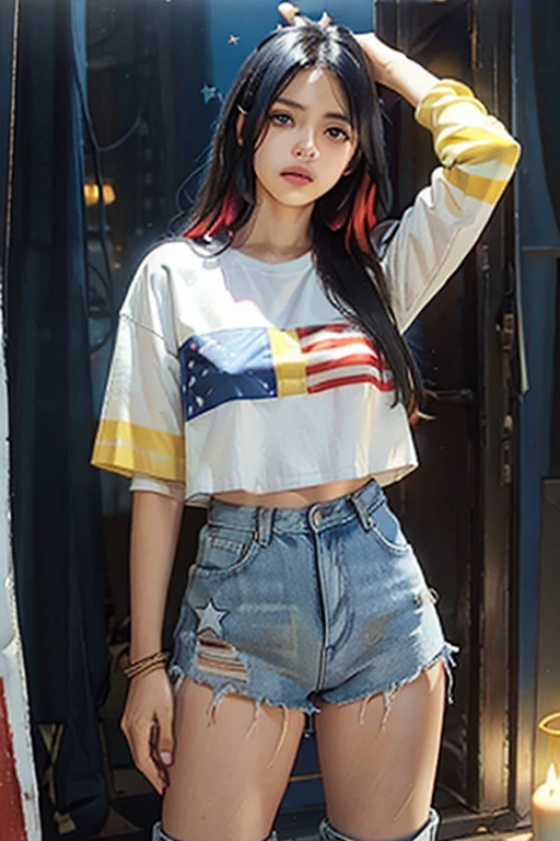 Woman holding the flag of Venezuela ((order: yellow stripe above, blue stripe with white stars and red stripe below)), brown skin, straight hair, artwork, dramatic lighting, ripped jeans, White shirt.