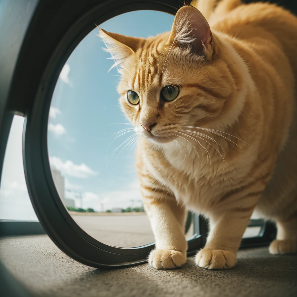 one, Big fluffy yellow cat, solo, Fisheye Lens, Establishing Shot, Pastel Color Grading, Depth of field cinematography effect, Film Noir Genre, 8k resolution, high quality, Super detailed