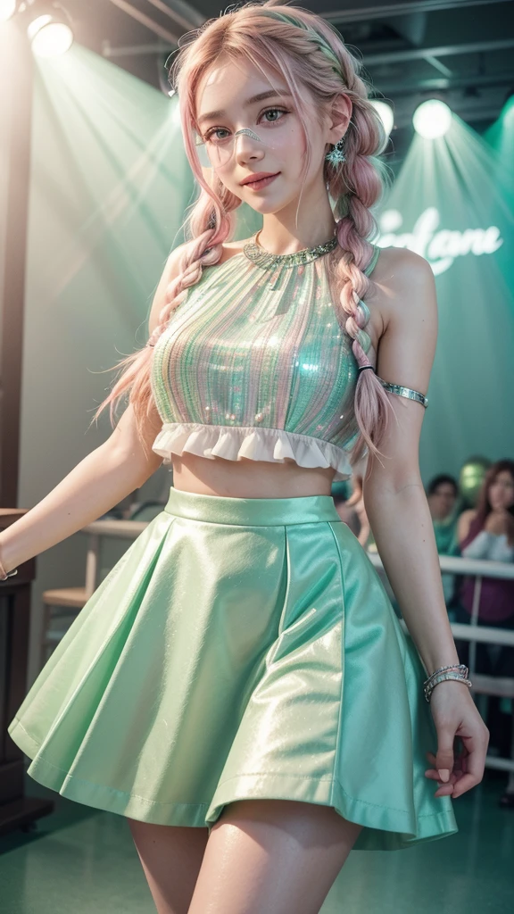 A young woman with braided hair in shades of pastel pink and mint green, wearing a pink full skirt and a mint green cropped top, pink headphones with crystal details, dancing gracefully in a completely green environment with holographic musical notes and soft lights, with glitter bracelets and silver boots, elegant and ethereal style, 8k. She is looking straight ahead with a radiant smile.
