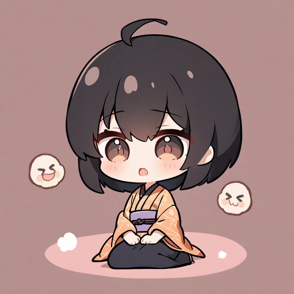 A short-haired girl wearing a kimono sits in seiza position、Offering an Afro wig、Chibi Character、Ahoge、Black Hair、