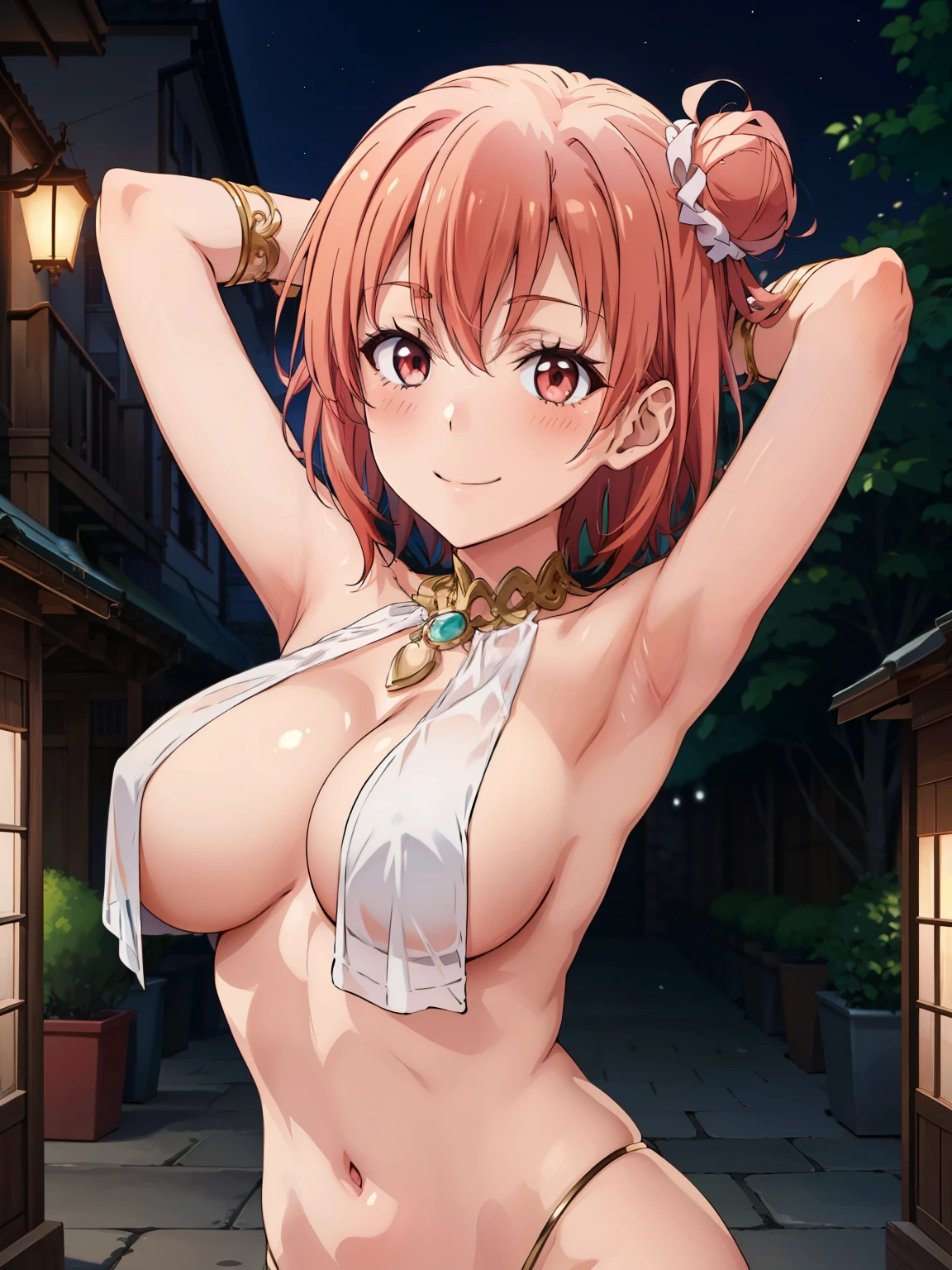 ((Highest quality, High resolution,  Perfect Pixel,  4K)),  (Beautiful Anime Girls), Depth of written boundary、

Perfect body, 

yuigahama yui, (Big Breasts:1.1)、 Red eyes、 short hair, Single hair bun、

Cleavage、Armpit、Raise your arms、

breast curtains, see-through, loincloth, harem outfit,

blush、smile、

street、night、