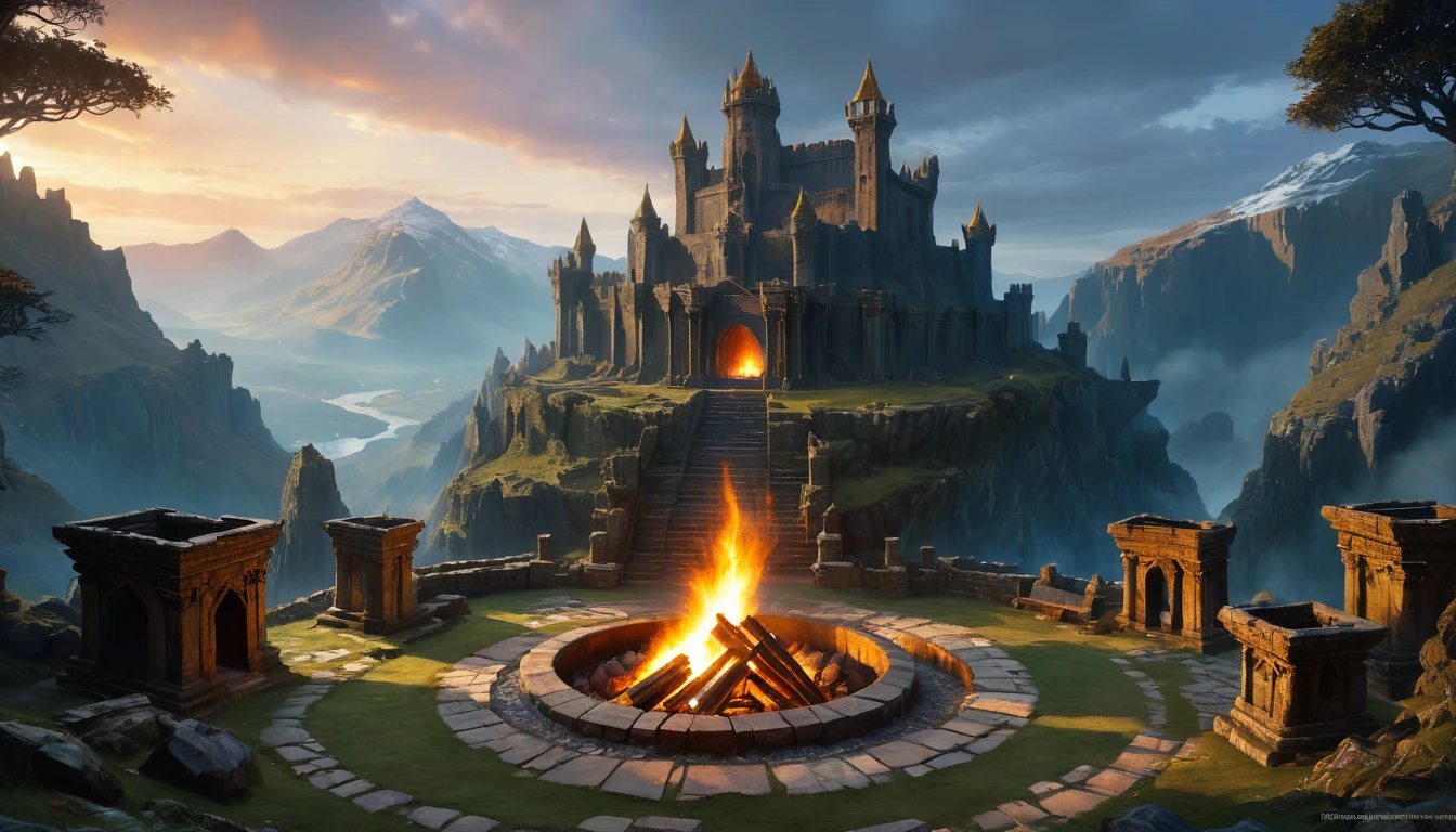 (best quality,4k,8k,highres,masterpiece:1.2),ultra-detailed,(realistic,photorealistic,photo-realistic:1.37), there is a fire pit in the middle of a mountain with a castle in the background, stone colossus remains, the entrance of valhalla, irori fireplace, dwarven architecture, iron smelting pits, stunning arcanum backdrop, giant grave structures, ancient brass dwemer ruins. dramatic lighting, vibrant color, detailed landscape, intricate, ethereal beauty, From Brian Froud and Carne Griffiths and Wadim Kashin and John William Waterhouse, 8K post-production, high resolution, hyperdetailed, depth of field, HDR, intricate