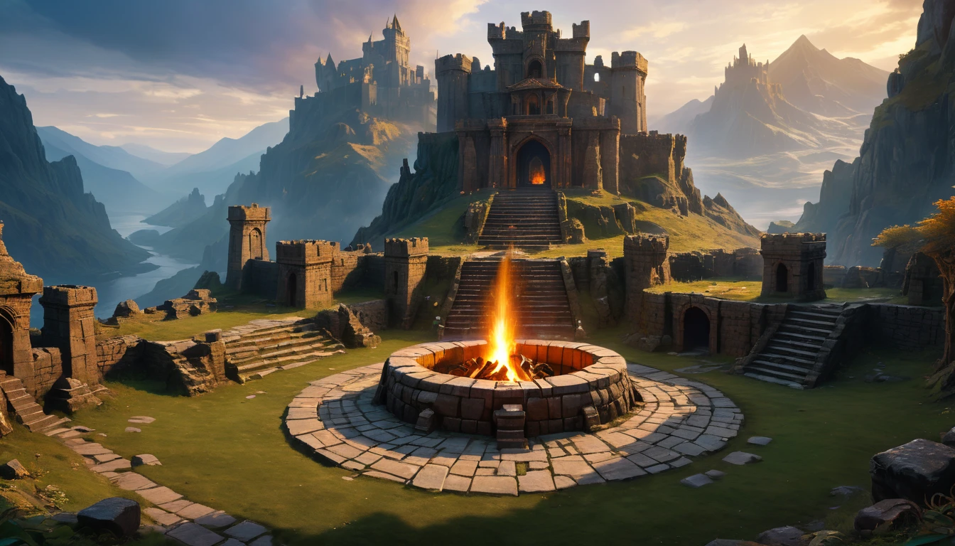 (best quality,4k,8k,highres,masterpiece:1.2),ultra-detailed,(realistic,photorealistic,photo-realistic:1.37), there is a fire pit in the middle of a mountain with a castle in the background, stone colossus remains, the entrance of valhalla, irori fireplace, dwarven architecture, iron smelting pits, stunning arcanum backdrop, giant grave structures, ancient brass dwemer ruins. dramatic lighting, vibrant color, detailed landscape, intricate, ethereal beauty, From Brian Froud and Carne Griffiths and Wadim Kashin and John William Waterhouse, 8K post-production, high resolution, hyperdetailed, depth of field, HDR, intricate