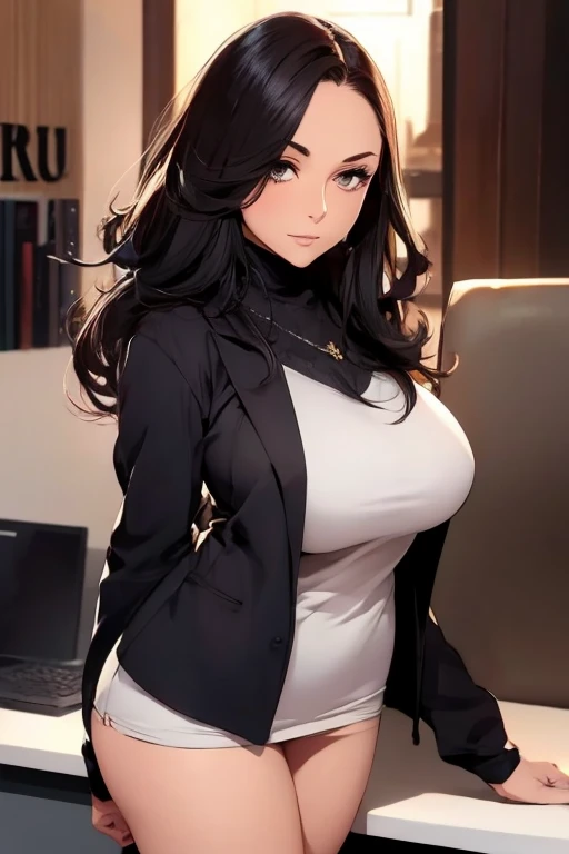 (masterpiece, Best Quality, Detailed illustration, High resolution), ((1 girl, Alone)), ((huge breasts, big breasts, Thin waist, long legs, shaped body, toned body)), ((Whole body, close up view)), ((standing)), ((looking at the viewer, in front of the viewer)), office environment, ((tanned skin)), oiled skin, ((big breasts, mature woman, mature woman, mature woman)), (detailed eyes, good eyes, best eyes), ((standing)), (black fur), ((casual clothes)), (black eyes), (by the wide, straight hair), wearing heels, tight black mini skirt, grey sack, White long sleeve shirt.