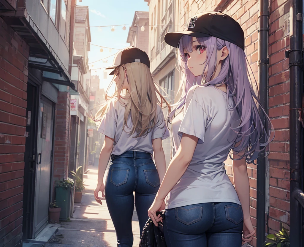 (Close-up:1.3),Realistic,Highest quality, Super detailed, High-quality CG rendering, The most delicate and beautiful, Floating softly, High resolution, (1 girl), (Highest quality,4K,8k,masterpiece:1.2), Light purple hair,(quite long hair:1.5),Red eyes,(Pure white oversized short sleeve T-shirt:1.3),(Black skinny jeans:1.3),(Pure white baseball cap:1.3),In the city,old buildings,Narrow back alley,(Turn your back to your audience:1.3),Butt