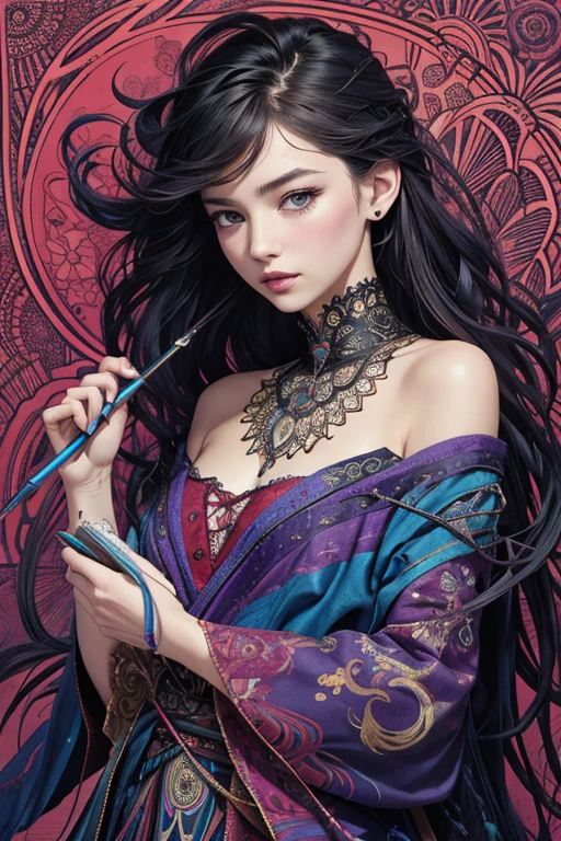 offcial art,Unity 8k wallpaper,ultra - detailed,Beauty and aesthetics,tmasterpiece,best qualtiy,(zentangle,datura,Tangles,entangled),(s fractal art:1.3),1girl,The is very detailed,dynamic angle,cowboyshot,The most beautiful form of chaos,elegant,Fauvist design,vivd colour,𝓡𝓸𝓶𝓪𝓷𝓽𝓲𝓬,James Jean,robbie devi antono,ross tran,francis bacon,michal mraz,adrian ghenie,petra cortright,gerhard richter,takato yamamoto,Ashley Wood,Atmospheric,A note of ecstasy,streaming musical notes visible