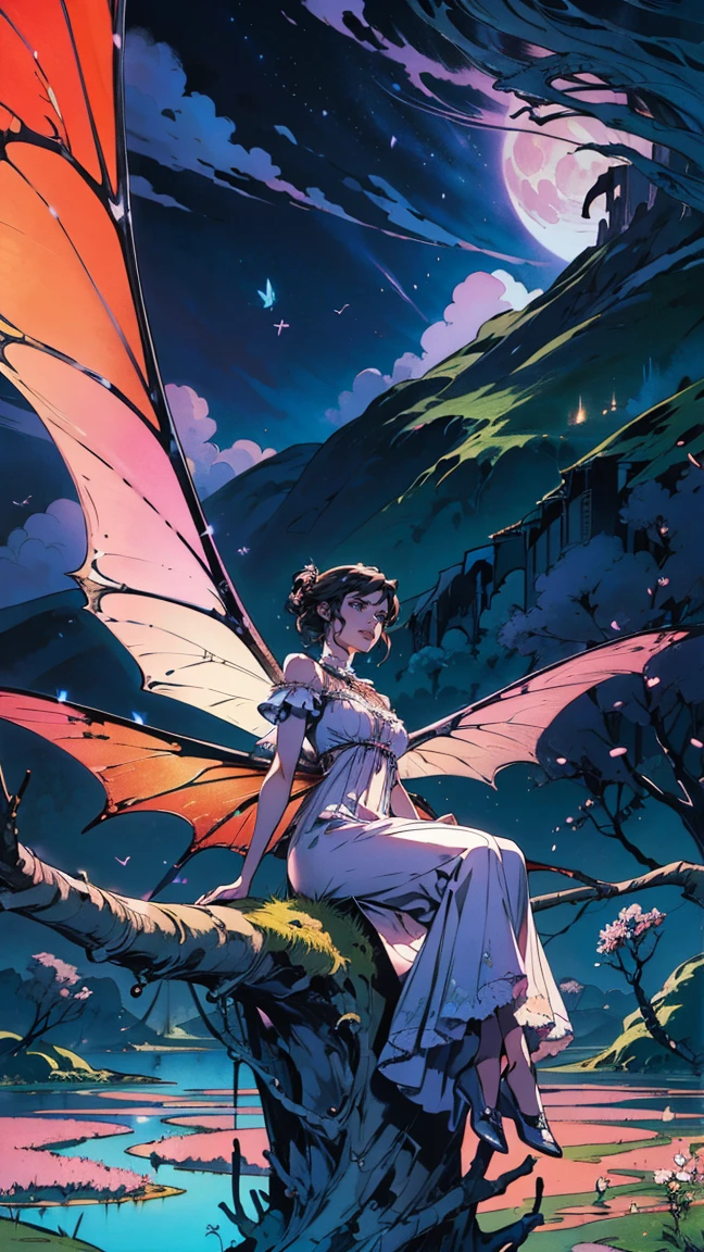 ((best quality)), ((masterpiece)), (detailed), ethereal beauty, perched on a pink blossom tree, (fantasy illustration:1.3), enchanting gaze, captivating pose, solo girl, delicate butterfly wings, otherworldly charm, mystical sky, (Luis Royo:1.2), (Yoshitaka Amano:1.1), moonlit night, soft colors, (detailed cloudscape:1.3), (high-resolution:1.2) (dragon flying in the sky) long white dress, legs dangling above pond, long victorian dress,