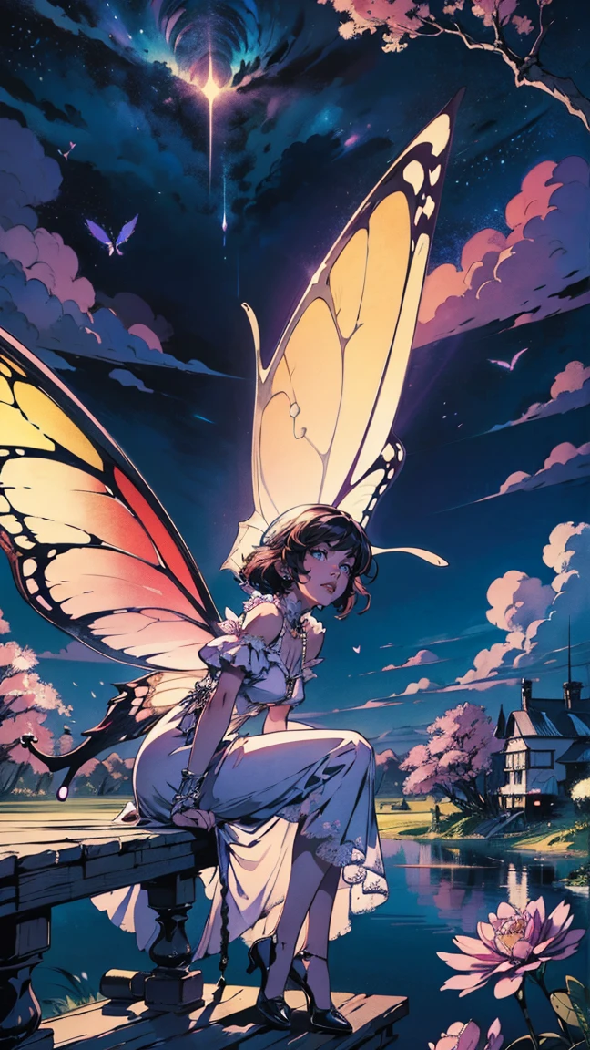 ((best quality)), ((masterpiece)), (detailed), ethereal beauty, perched on a pink blossom tree, (fantasy illustration:1.3), enchanting gaze, captivating pose, solo girl, delicate butterfly wings, otherworldly charm, mystical sky, (Luis Royo:1.2), (Yoshitaka Amano:1.1), moonlit night, soft colors, (detailed cloudscape:1.3), (high-resolution:1.2) (dragon flying in the sky) long white dress, legs dangling above pond, long victorian dress,