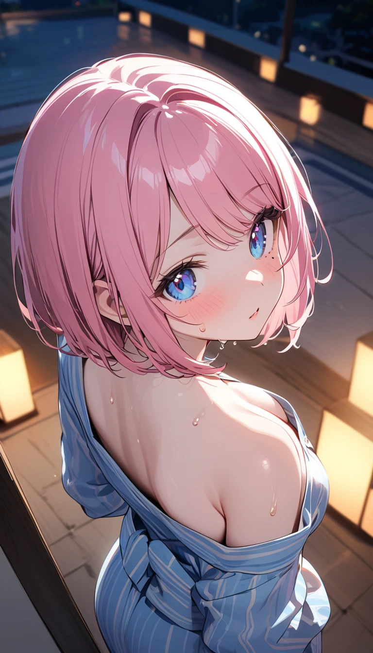 (1 girl),(Best Picture Quality, 8K, Masterpiece:1.3), (high school student:1.5), ((pink lob hair:1.1)), (bob cut),(swept bangs), (cute eyes, pupil black, iris skyblue, youthful face), (mole under right eye), (standard weight), (small breasts), (glistening skin:1.1),(pale skin:1.2),(hand on own nape),((yukata)),(portrait),((sweat:1.3)),(from above:1.2),(Nipple Slip),(night),