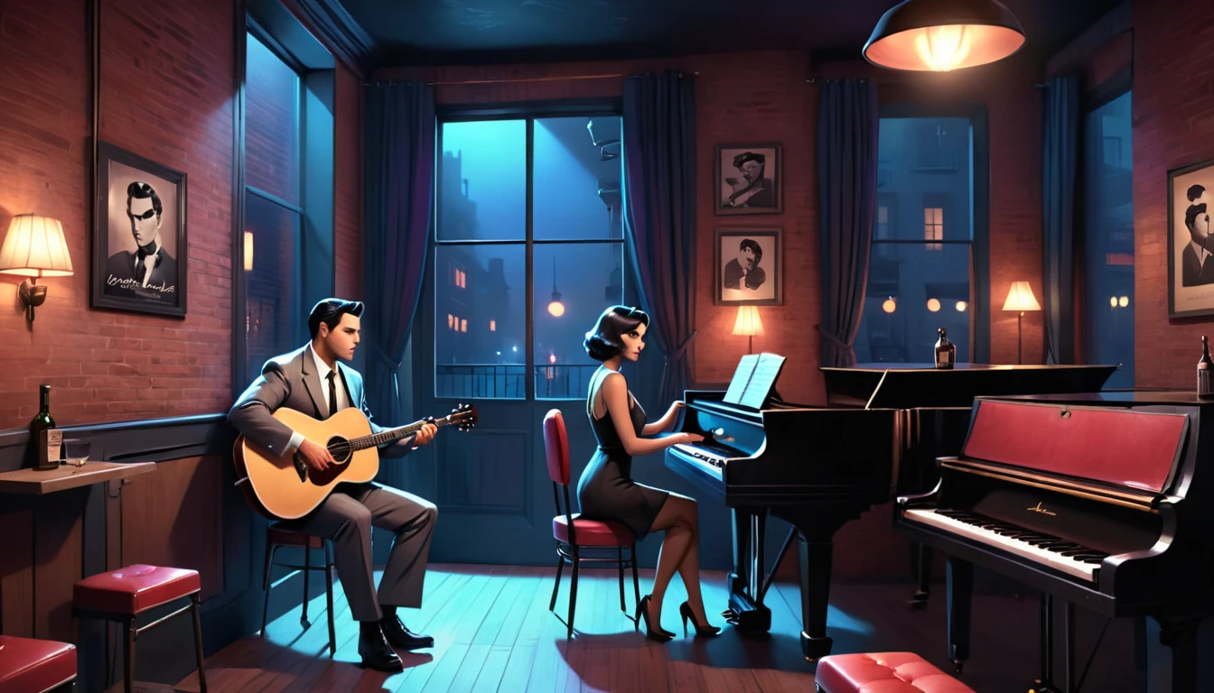 Interior of a very smoky vintage Parisian jazz club at night, The soft light of the pendant light、A man playing an acoustic guitar and a woman playing the piano。, Brick wall decorated with rhythmic shadow playing, A tranquil and enchanting atmosphere, 3D Rendering, To create a realistic yet fantastical scene、Diner scene with detailed textures and lighting, film noir jazz bar, drawn in a neo - noir style, neo - noir style, Neo-Noir Setting, neo noir style, inspired by f.. scott hess, Thomas Dalziel, film noir realistic, inspired by f. scott hess CFGスケール