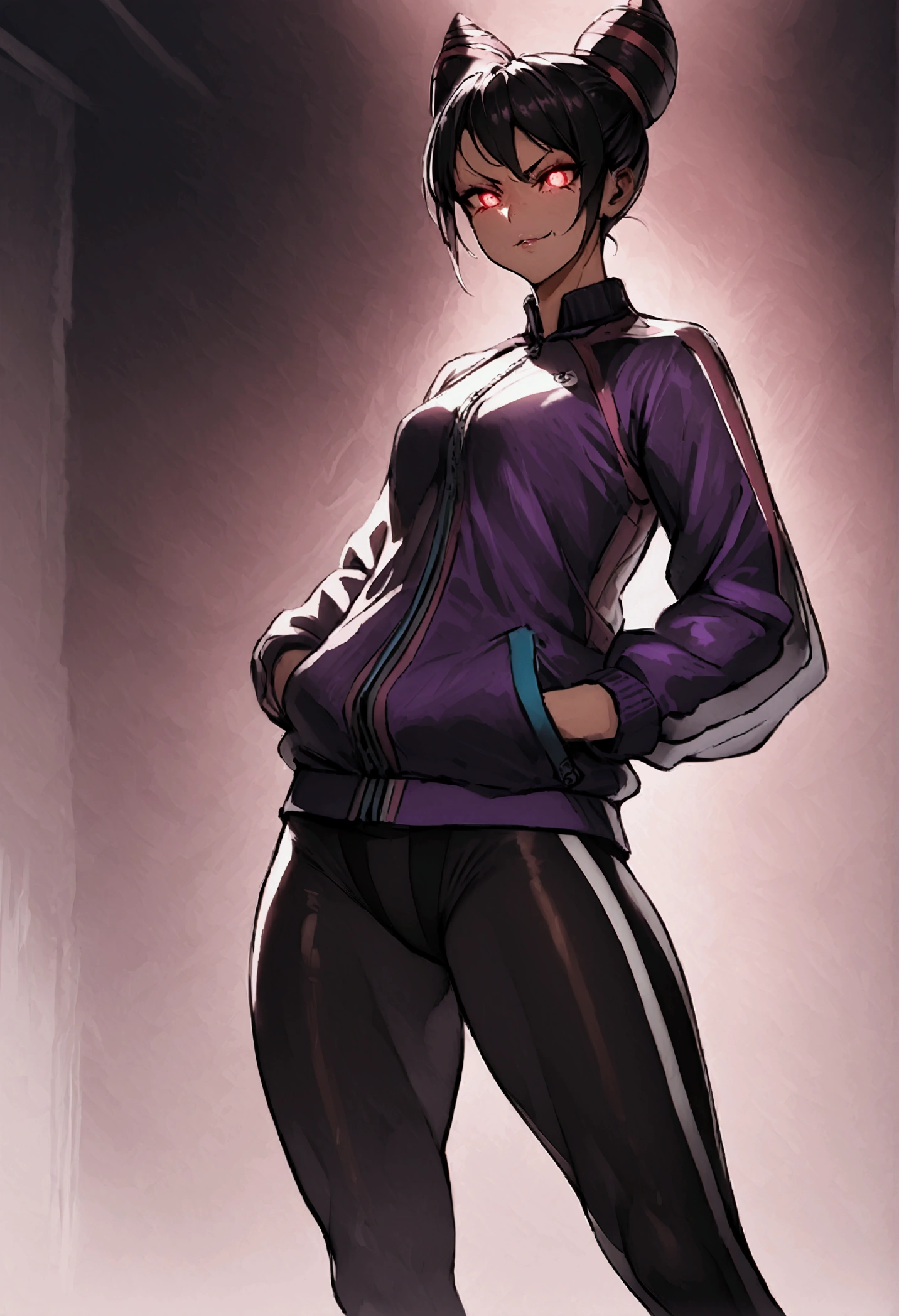 beautiful young fitness woman with , in a gym wearing May with black pantyhose, tight white and purple gym jacket. standing alone,hair horns,red eyes glowing,Evil smile,legging preto ,labiaa,dark eye shadow,shining eyes,hands in our pockets