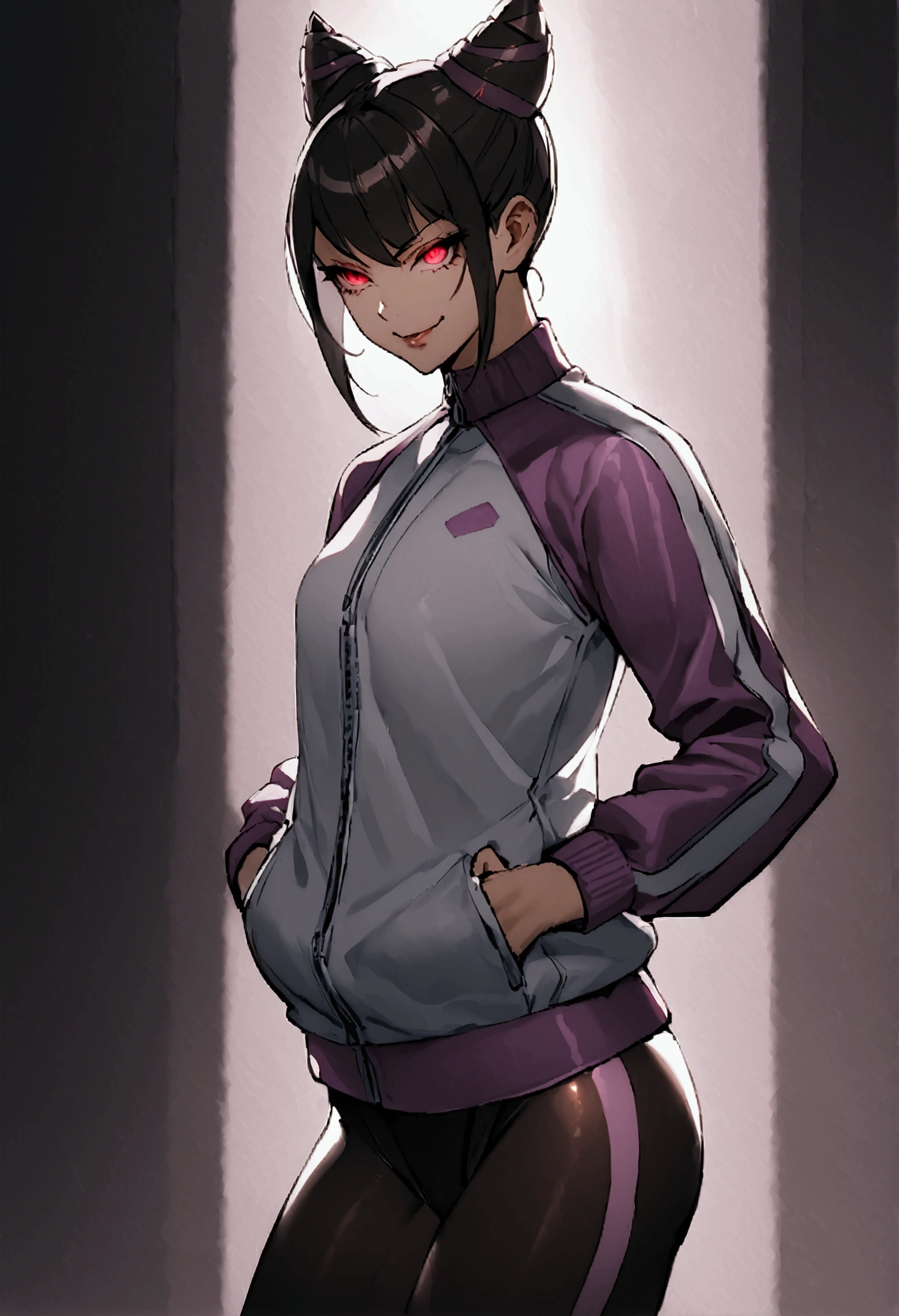 beautiful young fitness woman with , in a gym wearing May with black pantyhose, tight white and purple gym jacket. standing alone,hair horns,red eyes glowing,Evil smile,legging preto ,labiaa,dark eye shadow,shining eyes,hands in our pockets