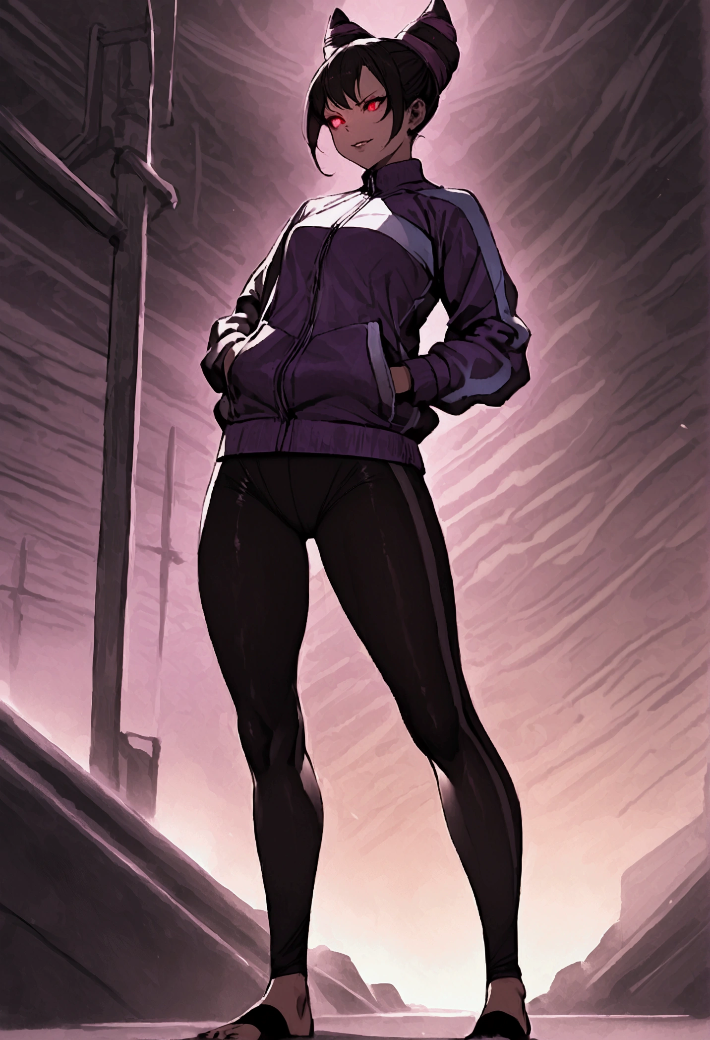 beautiful young fitness woman with , in a gym wearing May with black pantyhose, tight white and purple gym jacket. standing alone,hair horns,red eyes glowing,Evil smile,legging preto ,labiaa,dark eye shadow,shining eyes,hands in our pockets