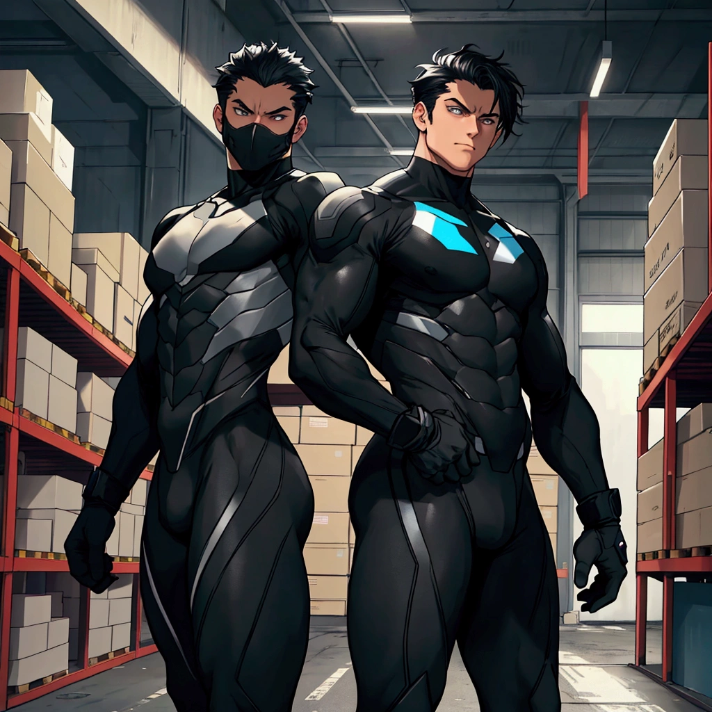 masterpiece, best quality, 8K, ultra res, extremely detailed,, Five Muscular futuristic, dimly lit warehouse, Their entire body are covered in a tight, black Spandex suit. They stand in a row, posing with confident, straight postures. Their expressions are serious and intense, with black hair in short, practical cuts. Their dark eyes peer ahead, emotionless, while the tight black Spandex suit highlight their athletic builds. The background echoes a stark, industrial setting, with faint warehouse lights.