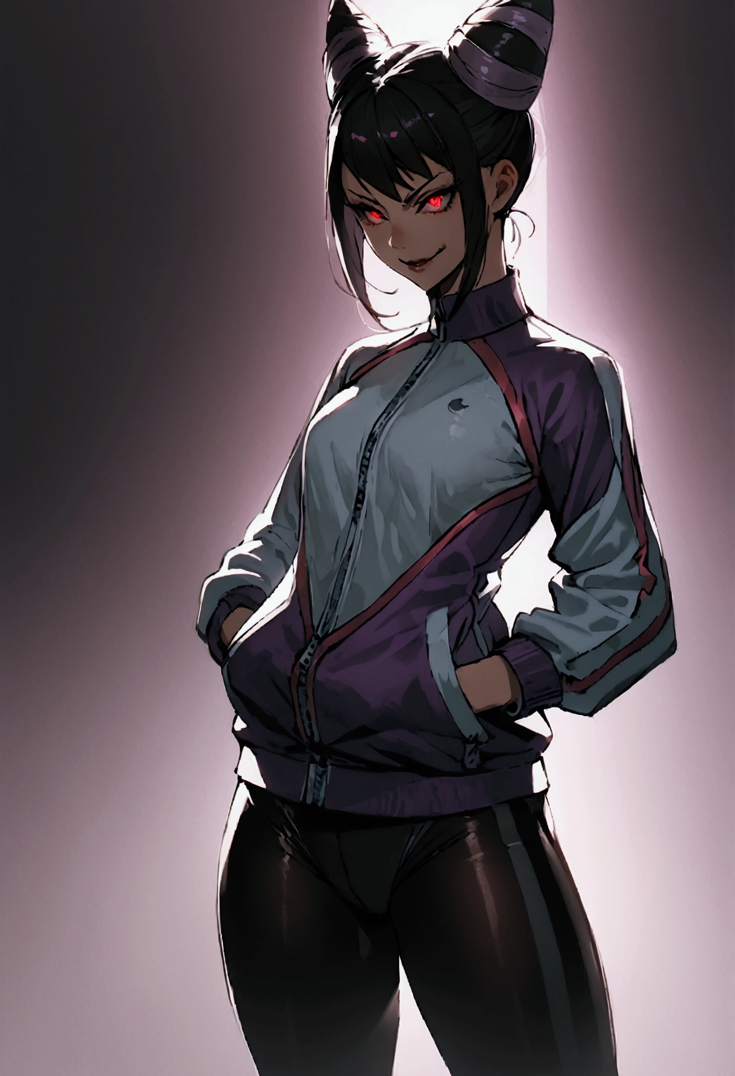 beautiful young fitness woman with , in a gym wearing May with black pantyhose, tight white and purple gym jacket. standing alone,hair horns,red eyes glowing,Evil smile,legging preto ,labiaa,dark eye shadow,shining eyes,hands in our pockets
