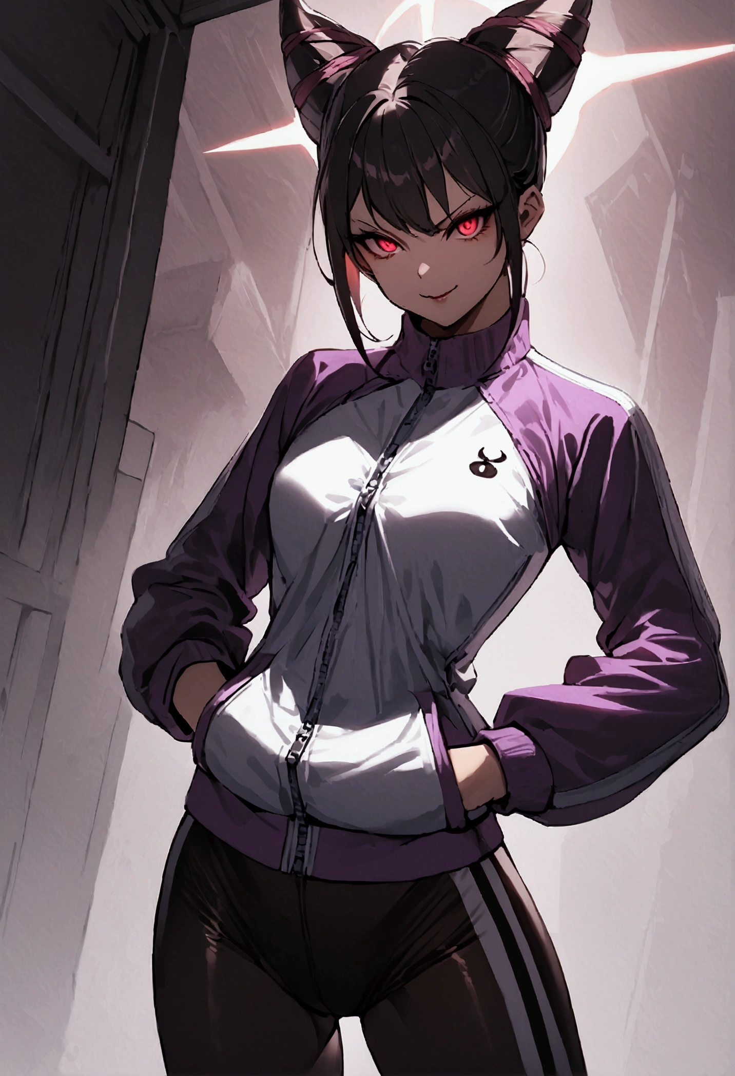 beautiful young fitness woman with , in a gym wearing May with black pantyhose, tight white and purple gym jacket. standing alone,hair horns,red eyes glowing,Evil smile,legging preto ,labiaa,dark eye shadow,shining eyes,hands in our pockets
