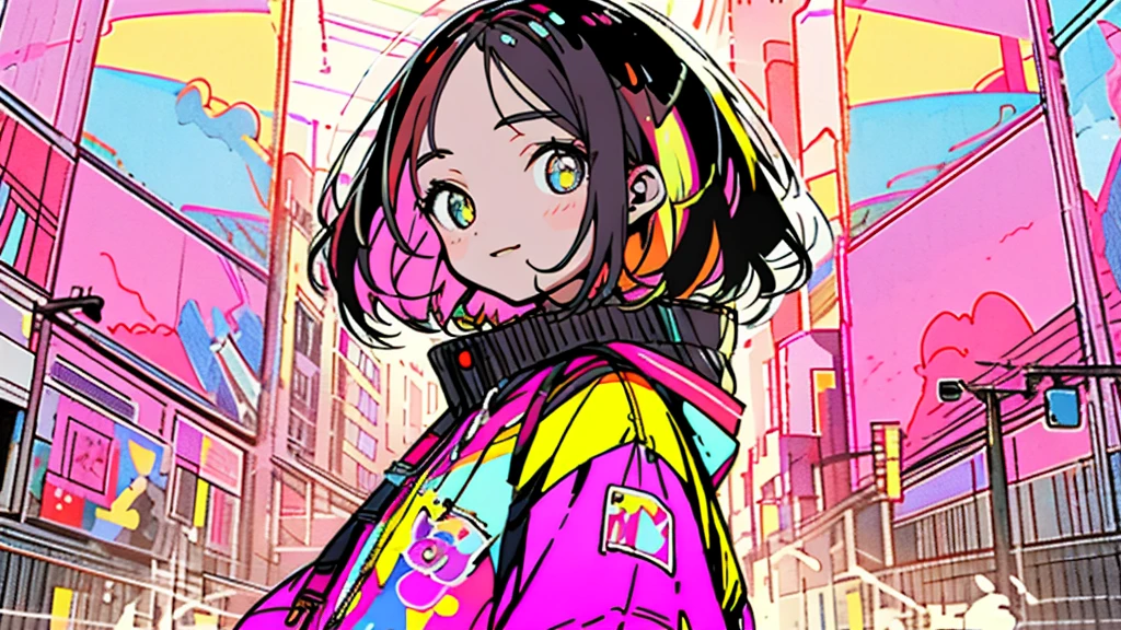 ​masterpiece, top-quality, 1girl in, City Pop, natta, Look at another one, The upper part of the body, vector illustrations,tshort, Smile, bluntbangs, length hair, lofi art, Matte texture,eyeclose