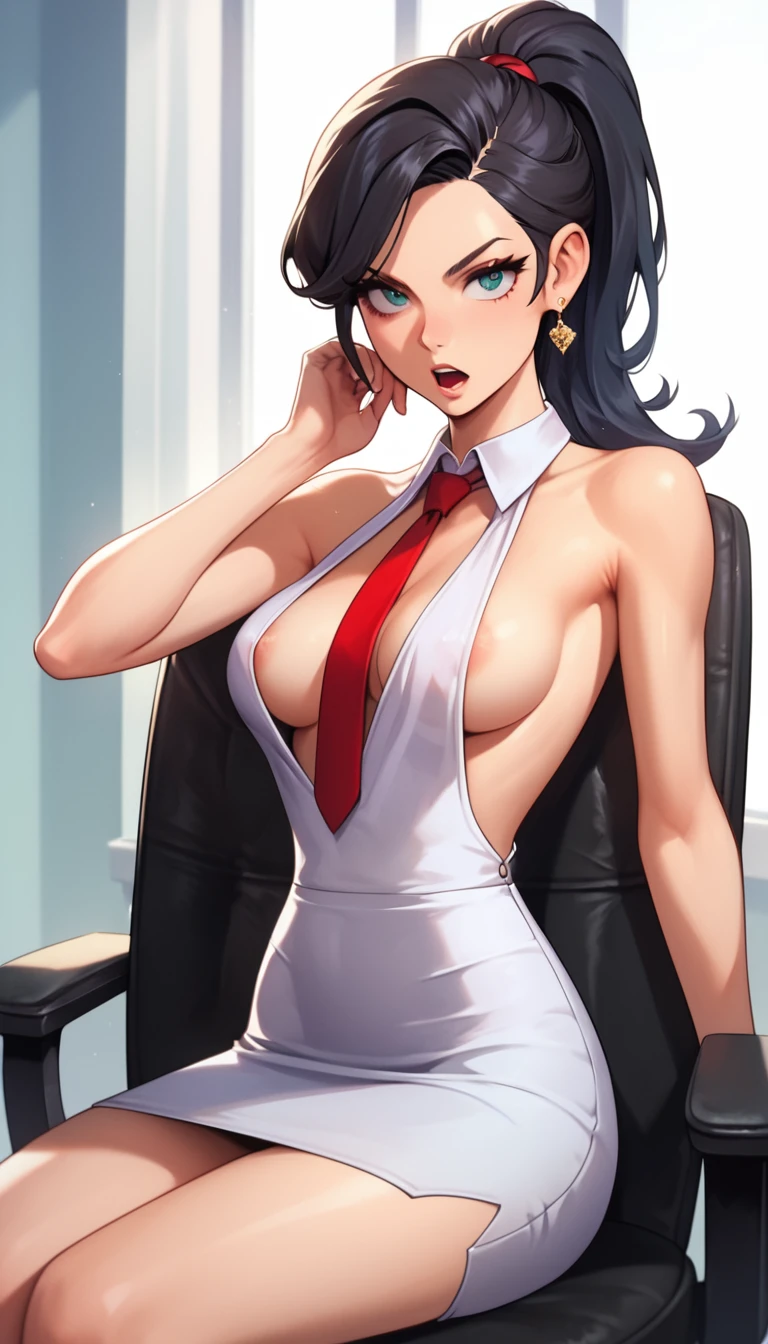 Masterpiece, Score_9, score_8_up, 8k, ultra-detailed, Ultra-high resolution, high-quality, 1girl, cute, perfect anatomy, black hair, ponytail hair, sleeveless uniform, mini skirt, miss secretary, medium breasts, sideboob, areola slip, armpits, sitting, elegant, chair, serious expression, open mouth, sexy, office background