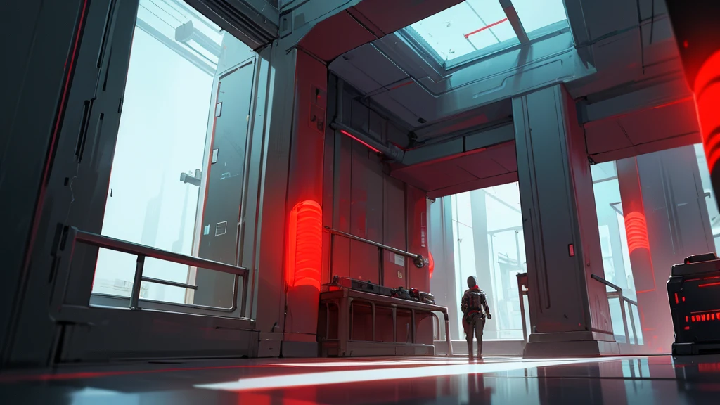 make a lobby of a futuristic location being confined and red sirens going off in the place