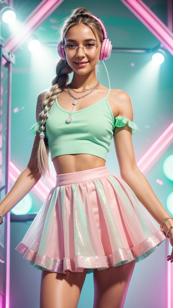 A young woman with braided hair in shades of pastel pink and mint green, wearing a pink full skirt and a mint green cropped top, pink headphones with crystal details, dancing gracefully in a completely green environment with holographic musical notes and soft lights, with glitter bracelets and silver boots, elegant and ethereal style, 8k. She is looking straight ahead with a radiant smile.