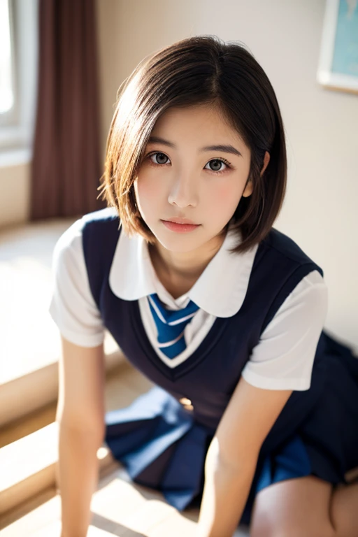 lens: 135mm f1.8,(Highest quality), (Cute 14 year old Japanese girl), (Moisturized lips), Narrow eyes, double eyelid,Delicate clavicle,Flat Chest,Black Hair、Mr...々Hairstyle、,
(Let me me me me'Let me me me'Let me me'Let me'Let's take another look), shame, Open your mouth a little,
(Stylish rooms:1.2), Professional Lighting,
(school uniform), (Sunburned skin:0.2),Full body photo、Full Body Focus、Natural skin texture、She is kneeling on the floor