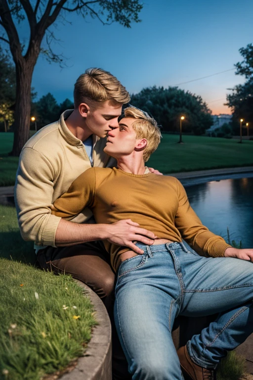Two men, photo realistic. A 16-year-old, handsome, lean man with short-cut, blond hair and blue eyes, wearing a brown sweatshirt, and khaki pants, sitting in the lap of a 17-year-old, handsome, athletic, Caucasian man with short, shaved brown hair, and blue eyes, wearing a blue and yellow jersey, and jeans, kissing, groping each other, laying on a grassy field, by a pond in a large city park, at night. Masculine, erotic, sexy, romantic, love, huge bulge.