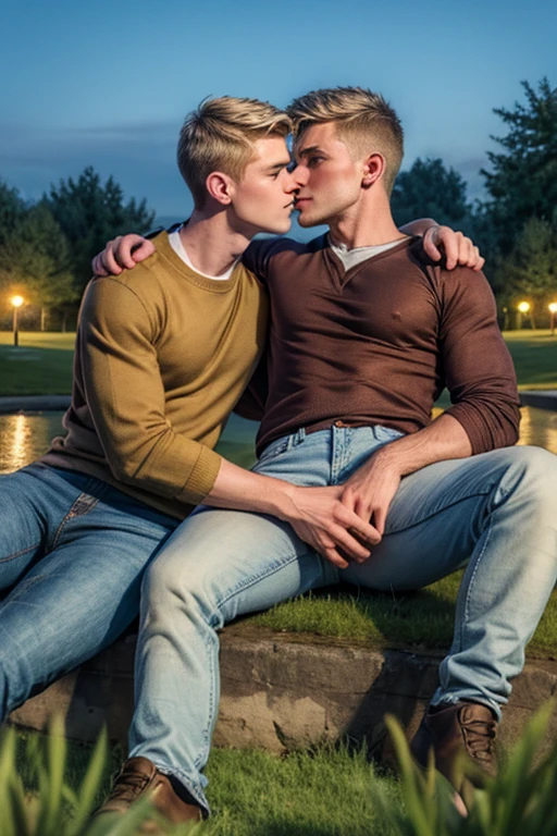 Two men, photo realistic.  A 16-year-old, handsome, lean man with short-cut, blond hair and blue eyes, wearing a brown sweatshirt, and khaki pants, sitting in the lap of a 17-year-old, handsome, athletic, Caucasian man with short, shaved brown hair, and blue eyes, wearing a blue and yellow jersey, and jeans, kissing, groping each other, laying on a grassy field, by a pond in a large city park, at night.  Masculine, erotic, sexy, romantic, love, huge bulge.