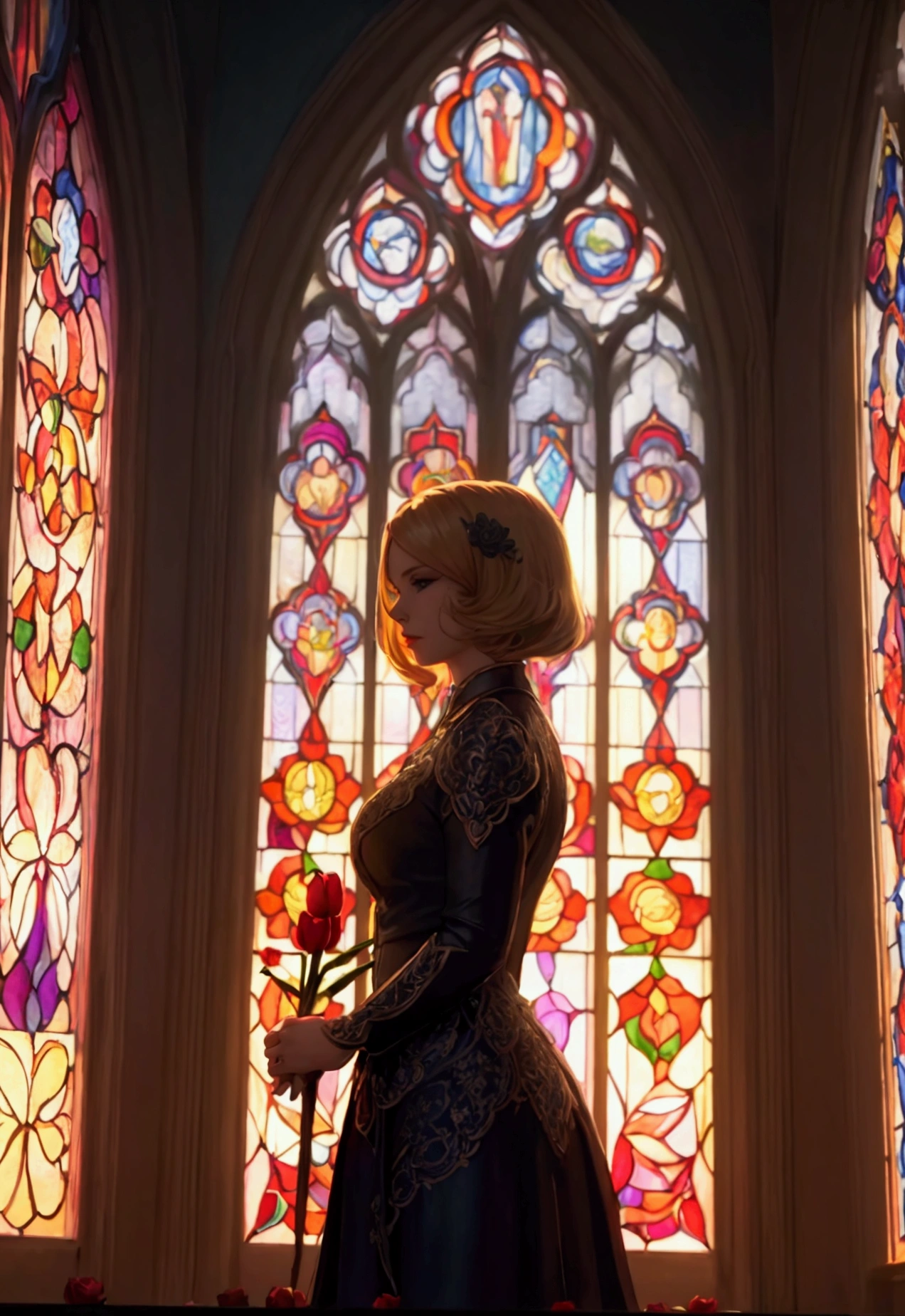 intricate stained glass cathedral, tulips and roses, blonde bob hairstyle, side profile, cinematic lighting, atmospheric, vivid colors, highly detailed, photorealistic, 8k, award-winning artwork, stunning composition, dramatic mood, elegant, masterpiece