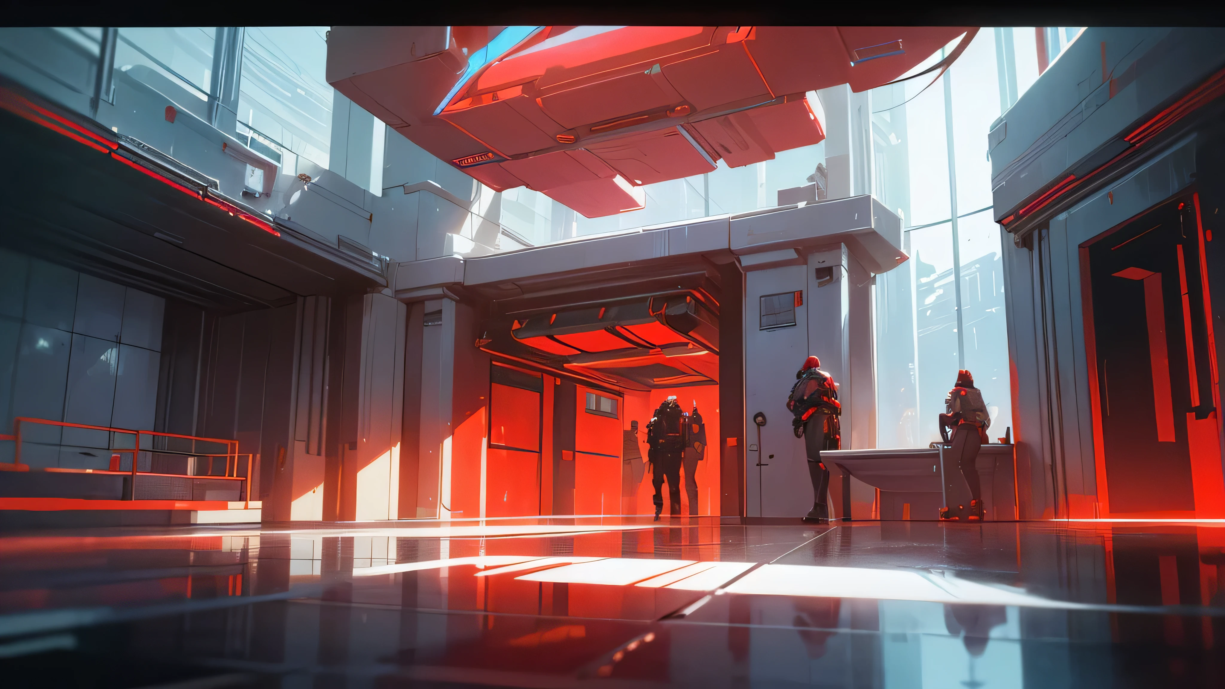 A futuristic enclosed lobby with red sirens blaring,cinematic lighting,highly detailed,dramatic lighting,neon lights,metallic surfaces,glass walls,minimalist design,clean lines,advanced technology,ominous atmosphere,hyper-realistic,4k,8k,photorealistic,masterpiece,award winning