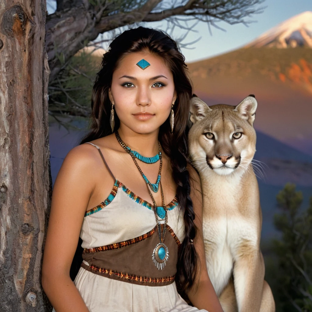 (grainy:0.5), cinematic, beautiful girls 25 year old native american,fantasy,(solo:1.3), detailed eyes, detailed face, detailed native american sexy clothing, volumetric lighting, dusk, extremely detailed background, standing next to tree and mountain, smiling, half closed brown eyes, tilted head, from side, sitting next to her Mountain Lion