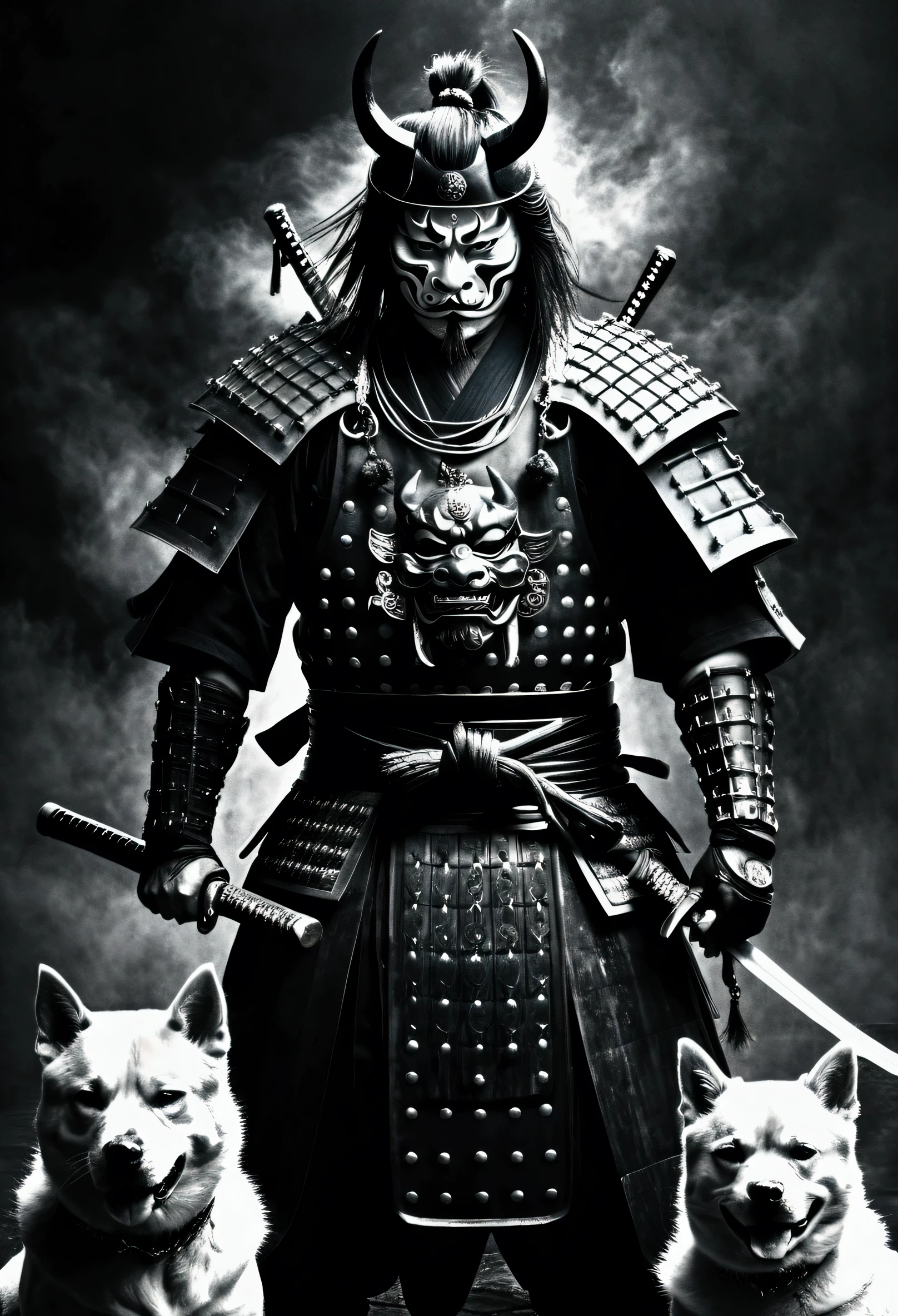 stunning japanese samurai in demon mask, full body, katana, holding chained dogs, dark painting, dark fantasy, mist, dust, monochrome, (best quality,4k,8k,highres,masterpiece:1.2),ultra-detailed,(realistic,photorealistic,photo-realistic:1.37),dramatic lighting,atmospheric,moody,cinematic,intricate details,dramatic pose,powerful presence,menacing aura,ominous,gothic,dark tones,deep shadows,chiaroscuro,dramatic contrast